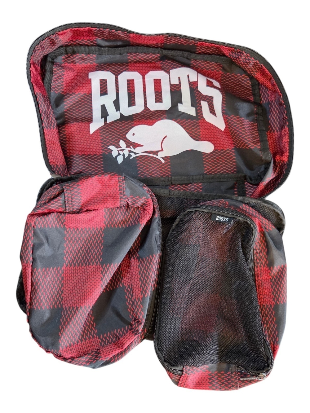 Roots Red and Black Plaid Travel Packing Cube Set